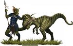  allosaur allosaurus armor clothing dinosaur dungeons_&amp;_dragons ear_piercing female kobold leather leather_armor loincloth melee_weapon nighttail_the_glib official_art pathfinder piercing polearm reptile scalie spear theropod weapon 