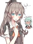  adapted_costume aqua_eyes ascot bad_anatomy blush brown_hair dress_shirt ear_piercing hair_ornament hairclip kantai_collection kumano_(kantai_collection) kvlen multiple_girls open_mouth piercing ponytail shirt smile suzuya_(kantai_collection) sweat sweating_profusely upper_body 