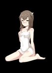  absurdres bare_shoulders black_background blush brown_eyes brown_hair collarbone headband highres kantai_collection looking_at_viewer naked_towel short_hair simple_background sitting solo taihou_(kantai_collection) towel wariza yueye_(blbl-y) 