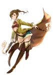  absurdres alternate_costume arm_at_side bandeau bangs belt blue_shorts boots breasts brown_eyes brown_footwear brown_hair closed_mouth coat cravat cross-laced_footwear cross-laced_legwear dual_wielding eyebrows eyebrows_visible_through_hair full_body fur_trim futami_mami granblue_fantasy gun handgun highres holding holster idolmaster idolmaster_(classic) lace-up_boots legs_apart long_hair long_sleeves looking_at_viewer navel pigeon-toed short_shorts shorts side_ponytail simple_background sleeve_cuffs small_breasts smile smoke solo standing stomach strapless swept_bangs thigh_boots thigh_holster thigh_strap thighhighs underboob weapon white_background yatsuka_(846) 