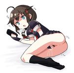  ahoge anus blue_eyes braid breath censored dokan_(dkn) female kantai_collection masturbation no_panties no_shoes on_side open_mouth phone ponytail pussy pussy_juice shigure_(kantai_collection) skirt socks solo 
