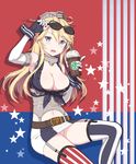  american_flag_background american_flag_legwear bad_id bad_pixiv_id belt belt_buckle blonde_hair blue_eyes brand_name_imitation breasts brown_belt buckle cleavage cnm coffee_cup cup disposable_cup elbow_gloves eyewear_on_head fingerless_gloves garter_straps gloves iowa_(kantai_collection) kantai_collection large_breasts long_hair miniskirt panties pantyshot pantyshot_(sitting) sitting skirt solo star star-shaped_pupils starbucks sunglasses symbol-shaped_pupils thighhighs underwear 