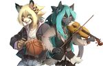  anthro basketball duo fangs feline female hihikori jewelry looking_at_viewer male mammal musical_instrument necklace open_mouth simple_background smile teeth tongue violin white_background 