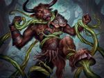  anthro bovine clothing forest hooves horn loincloth magic_the_gathering mammal minotaur official_art on_one_leg open_mouth outside plant scott_murphy signature spauldron struggling tree 