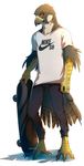  anthro avian beak bird clothed clothing falcon hi_res hihikori male simple_background skateboard smile solo standing white_background 