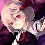  ascot bangs blonde_hair bow closed_mouth darkness eyebrows eyebrows_visible_through_hair fingernails flat_chest gengoroumaru_(ambidextrous) hair_between_eyes hair_bow hair_ribbon long_sleeves looking_at_viewer outstretched_arms red_bow red_eyes ribbon rumia sharp_fingernails shirt short_hair smile smirk solo spread_arms touhou upper_body 