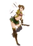  :d absurdres alternate_costume arm_at_side arm_behind_back bangs belt boots breasts brooch brown_eyes brown_footwear brown_gloves brown_hair cleavage crop_top cross-laced_legwear eyebrows eyebrows_visible_through_hair full_body futami_ami gloves granblue_fantasy green_skirt highres holding holding_sword holding_weapon idolmaster idolmaster_(classic) jacket jewelry knife looking_at_viewer miniskirt navel necktie open_mouth pleated_skirt red_neckwear short_hair short_necktie short_sleeves short_sword side_ponytail simple_background skirt small_breasts smile solo standing standing_on_one_leg stomach swept_bangs sword thigh_boots thighhighs tossing weapon white_background wrist_cuffs yatsuka_(846) yellow_jacket 