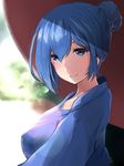  alternate_costume alternate_hairstyle blue_eyes blue_hair blue_kimono breasts commentary_request highres japanese_clothes kantai_collection kimono large_breasts looking_at_viewer solo takeichi_yui urakaze_(kantai_collection) 