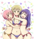  bikini blonde_hair closed_eyes girl_sandwich hinata_yukari hug ichii_yui long_hair low_twintails mel_(melty_pot) multiple_girls nonohara_yuzuko pink_eyes pink_hair purple_hair sandwiched short_hair side-tie_bikini swimsuit twintails yellow_eyes yuyushiki 