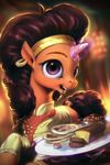  2016 assasinmonkey brown_hair clothed clothing ear_piercing equine female feral food friendship_is_magic fur hair headband horn horse inside jewelry looking_at_viewer magic mammal my_little_pony open_mouth orange_fur piercing plate pony portrait purple_eyes saffron_masala_(mlp) smile unicorn 