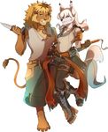  anthro canine clothed clothing duo feline female fox half-closed_eyes hi_res hihikori jewelry katana knife lion male mammal melee_weapon necklace simple_background smile standing sword teeth weapon white_background 