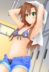  absurdres armpits bra breasts brown_hair front-tie_top green_eyes highres if_(choujigen_game_neptune) kyou long_hair navel neptune_(series) small_breasts solo towel underwear 