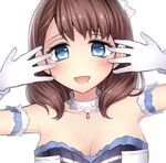  absurdres armband bangs blue_eyes blush breasts brown_hair check_commentary cleavage commentary_request dress eyebrows eyebrows_visible_through_hair gloves hair_ribbon heart heart_in_eye highres idolmaster idolmaster_cinderella_girls looking_at_viewer medium_breasts neit_ni_sei open_mouth ribbon sakuma_mayu short_hair smile solo strapless strapless_dress symbol_in_eye upper_body 