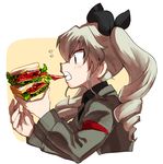  anchovy anzio_military_uniform black_shirt commentary drill_hair eating flying_sweatdrops food from_side girls_und_panzer green_hair grey_jacket hair_ribbon jacket long_hair military military_uniform oono_imo profile ribbon sandwich shirt solo twin_drills twintails uniform upper_body 
