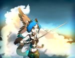  anthro clothed clothing cloud collar ear_piercing feline female hihikori hybrid looking_at_viewer mammal melee_weapon navel outside piercing smile solo sword weapon wings 