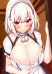  1girl anchor azur_lane blurry blush breasts cleavage closed_mouth commentary_request depth_of_field dress frilled_dress frilled_sleeves frills hairband halterneck hand_up indoors large_breasts looking_at_viewer pink_eyes short_hair short_sleeves sirius_(azur_lane) smile solo sparkle tanakahazime upper_body v-shaped_eyebrows white_hair 