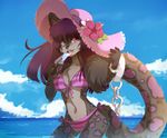  anthro beach bikini breasts clothing feline female handcuffs hat hihikori iceblock mammal open_mouth outside seaside shackles smile solo standing swimsuit teeth tongue tongue_out 