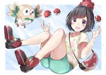  :d ankle_boots aqua_shorts bag bangs bare_legs beak beanie bird black_eyes blue_background blunt_bangs blush boots border flying full_body gen_7_pokemon green_shorts handbag hat mizuki_(pokemon) neku_(neku_draw) open_mouth over_shoulder owl poke_ball poke_ball_(generic) pokemon pokemon_(creature) pokemon_(game) pokemon_sm red_footwear red_hat rowlet shirt shoe_soles short_hair short_sleeves shorts smile spread_wings tareme white_border yellow_shirt 