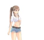  belt blue_eyes bluefield blush brown_hair cowboy_shot crop_top front-tie_top long_hair looking_away midriff navel original ponytail short_shorts short_sleeves shorts simple_background smile solo white_background 