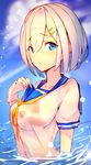  absurdres blue_eyes breasts collarbone embarrassed enj! from_side gloves hair_over_one_eye hamakaze_(kantai_collection) highres kantai_collection large_breasts looking_at_viewer partially_submerged school_uniform see-through serafuku shirt short_hair short_sleeves silver_hair solo upper_body wet wet_clothes wet_shirt white_gloves 