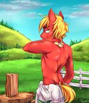  2016 anthro anthrofied axe big_macintosh_(mlp) blonde_hair clothed clothing equine facial_hair friendship_is_magic hair horse looking_at_viewer looking_back male mammal melee_weapon moenkin my_little_pony pony solo topless weapon 