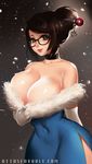  bangs banned_artist bare_shoulders beads black-framed_eyewear black_hair blue_dress breasts brown_eyes choker cleavage closed_mouth collarbone covered_navel cowboy_shot dress dress_pull elbow_gloves eyelashes fur_trim glasses gloves glowing hair_bun hair_ornament hair_stick highres huge_breasts lips looking_at_viewer mei_(overwatch) otto overwatch pulled_by_self red_lips shade side_slit skin_tight smile solo strapless strapless_dress swept_bangs watermark web_address white_gloves 