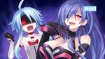  absurdres ahoge angry bare_shoulders black_gloves blue_hair breasts cleavage earrings game_cg gloves hair_over_one_eye highres iris_heart jewelry kami_jigen_game_neptune_v large_breasts long_hair multiple_girls neptune_(series) official_art open_mouth red_eyes short_hair_with_long_locks smile tsunako white_heart 
