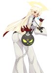  ahoge ankh arc_system_works ass ball_and_chain blonde_hair bodysuit breasts candy cross_necklace from_behind gloves guilty_gear guilty_gear_xrd guilty_gear_xrd:_revelator halo jack-o_(guilty_gear) large_breasts leaning leaning_forward lollipop long_hair looking_at_viewer multicolored_hair necklace open_mouth red_eyes red_hair sideboob smile solo tongue two-tone_hair very_long_hair 