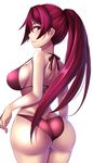  ass beeyan bikini blush breasts fate/grand_order fate_(series) highres large_breasts long_hair ponytail profile purple_hair red_eyes scathach_(fate)_(all) scathach_(fate/grand_order) simple_background solo swimsuit very_long_hair 
