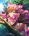  alice_in_wonderland animal_ears aqua_eyes artist_request braid brown_hair cat_ears cat_tail cheshire_cat cheshire_cat_(cosplay) cosplay fingerless_gloves gloves grin idolmaster idolmaster_million_live! kousaka_umi long_hair looking_at_viewer nail_polish navel official_art pink_shorts shorts smile solo striped striped_legwear tail thighhighs tree 