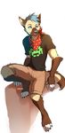  anthro bandanna canine clothed clothing hi_res hihikori male mammal simple_background sitting smile solo teeth white_background 