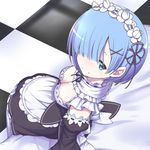  apron black_dress blue_eyes blue_hair blush breasts cleavage commentary_request detached_sleeves dress frills from_above hair_ornament hair_over_one_eye highres looking_at_viewer looking_up maid maid_apron maid_headdress medium_breasts pantyhose re:zero_kara_hajimeru_isekai_seikatsu rem_(re:zero) ribbon short_hair sitting smile solo takeda_yukimura thighhighs white_legwear x_hair_ornament 