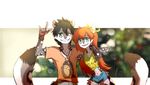  anthro brother brother_and_sister clothed clothing duo feline female hihikori jewelry looking_at_viewer male mammal navel necklace one_eye_closed open_mouth sibling simple_background sister skinny smile standing teeth tongue 