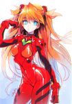  adjusting_hair bangs blue_eyes bodysuit bracer breasts bright_pupils chkuyomi contrapposto cowboy_shot from_side gloves gradient gradient_background hair_between_eyes hand_up headgear hips long_hair looking_at_viewer medium_breasts neon_genesis_evangelion number orange_hair parted_lips pilot_suit plugsuit shiny shiny_clothes signature sketch skin_tight slender_waist solo souryuu_asuka_langley standing thighs turtleneck two_side_up very_long_hair 