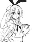  animal_ears bunny_ears fake_animal_ears fish greyscale hand_on_own_head kantai_collection lineart long_hair long_sleeves looking_at_viewer monochrome navel necktie revealing_clothes salute shimakaze_(kantai_collection) sketch solo thong utakata_(kochou_no_yume) very_long_hair 