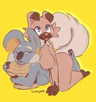  annoyed anthro anthrofied blue_eyes blue_fur blush breasts brown_fur duo female female/female fur green_eyes iwanko limepop log looking_back lying nekkoala nintendo nude on_front on_top on_top_of pok&eacute;mon smile video_games wood 