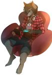  anthro canine clothed clothing ear_piercing facial_piercing headphones hi_res hihikori looking_at_viewer male mammal nose_piercing piercing simple_background sitting smile solo teeth video_games white_background 