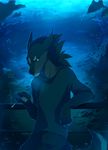  anthro aquarium blue_eyes canine cigarette clothed clothing hihikori looking_at_viewer male mammal solo teeth 