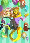  anthro balloon blush cake canine clothed clothing collar eyes_closed feline female food hat hihikori looking_at_viewer mammal open_mouth party_hat smile solo_focus teeth tongue 