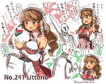  1girl admiral_(kantai_collection) apron arm_up armpits artist_name bare_shoulders beret between_fingers breast_smother breasts brown_eyes brown_hair character_name chestnut_mouth commentary_request detached_sleeves hat head_on_chest hug index_finger_raised kantai_collection large_breasts littorio_(kantai_collection) long_sleeves motion_lines necktie number pointing red_neckwear suzuki_toto translated twitter_username white_hat wide_sleeves 