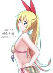  bikini blonde_hair blue_eyes character_name dated happy_birthday highres kirisaki_chitoge long_hair nisekoi outline ponytail simple_background solo standing swimsuit taka-chan translated white_background 