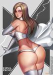  ass badcompzero bare_shoulders blonde_hair blue_eyes breasts elbow_gloves emma_frost gloves huge_ass large_breasts lips long_hair looking_at_viewer looking_back marvel smile solo thighhighs thong white_legwear x-men 