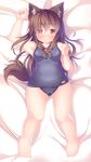  animal_ears arms_up belly blush brooch brown_eyes brown_hair dragoner imaizumi_kagerou jewelry long_hair looking_at_viewer lying on_back one-piece_swimsuit plump school_swimsuit smile solo swimsuit tail touhou very_long_hair wolf_ears wolf_tail 