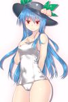  &gt;:) blue_hair collarbone cowboy_shot food fruit hand_on_own_chest hat highres hinanawi_tenshi long_hair looking_at_viewer old_school_swimsuit one-piece_swimsuit peach red_eyes school_swimsuit shiny shiny_clothes smile solo swimsuit touhou v-shaped_eyebrows very_long_hair white_school_swimsuit white_swimsuit yonaga_(masa07240) 