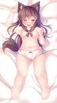  animal_ears arm_up barefoot belly blush breasts brooch brown_eyes brown_hair dragoner fang imaizumi_kagerou jewelry long_hair looking_at_viewer lying navel nipples on_back open_mouth panties plump small_breasts smile solo tail topless touhou underwear underwear_only very_long_hair white_panties wolf_ears wolf_tail 