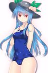  &gt;:) blue_hair blue_swimsuit collarbone cowboy_shot food fruit hand_on_own_chest hat highres hinanawi_tenshi long_hair looking_at_viewer old_school_swimsuit one-piece_swimsuit peach red_eyes school_swimsuit shiny shiny_clothes smile solo swimsuit touhou v-shaped_eyebrows very_long_hair yonaga_(masa07240) 