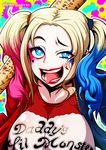  batman_(series) blonde_hair blue_eyes blue_hair breasts dc_comics harley_quinn heart kyouran_souryuu large_breasts long_hair multicolored_hair pink_hair raised_eyebrow smile solo suicide_squad tongue twintails twitter_username upper_body 
