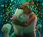  anthro bovine canine cattle clothed clothing duo female hair hair_over_eye hihikori hug looking_at_viewer male male/female mammal one_eye_closed simple_background smile standing teeth 