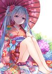  absurdres arm_at_side arm_support barefoot beads blue_eyes blue_hair chuor_(chuochuoi) collarbone floral_print flower hair_beads hair_flower hair_ornament hatsune_miku highres holding holding_umbrella hydrangea japanese_clothes kimono knees_up legs_together long_hair long_sleeves looking_at_viewer obi oriental_umbrella panties pantyshot pantyshot_(sitting) reflection sash sitting solo sparkle twintails umbrella underwear very_long_hair vocaloid wide_sleeves 