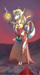  anthro armor canine clothed clothing female fox hihikori looking_at_viewer mammal navel outside solo staff standing 